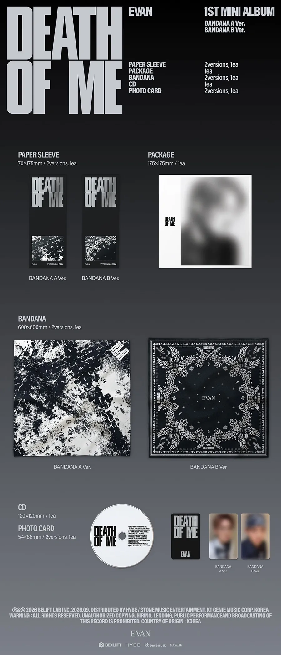EVAN 1st Mini Album - DEATH OF ME (BANDANA A Ver. BANDANA B Ver.) contents